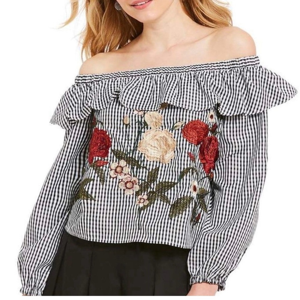 New JOA Gingham Ruffled Floral Blouse, Size Small, Women's Picnic Top